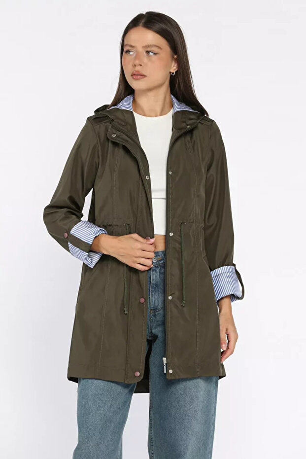 Women's Hooded Stripe Detailed Trench Coat