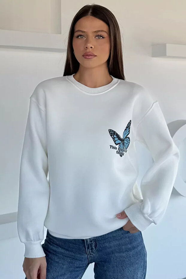 Women's Front and Back Butterfly Printed Three Thread Ribbed Crew Neck Sweatshirt