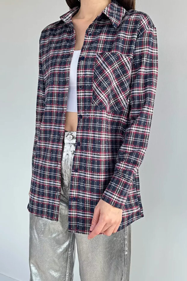 Gülseli Women's Plaid Patterned Stoned Shirt