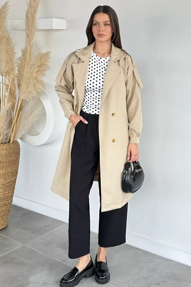 Women's Double-Breasted Collar Lined Trench Coat with Belted Waist