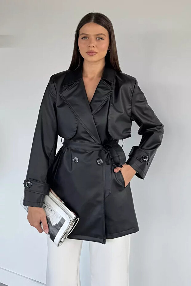 Women's Double Pocket Belted Buttoned Faux Leather Trench Coat