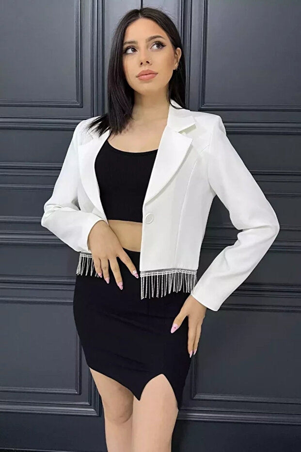Women's Fringed Stone Slim Fit Crop Blazer Jacket