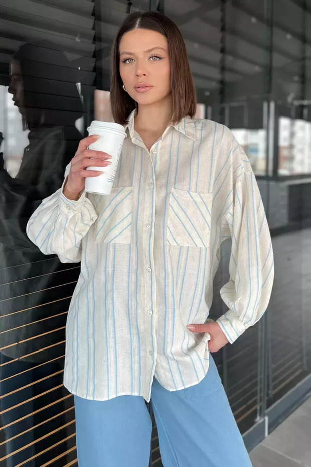 Women's Stripe Patterned Double Pocket Shirt
