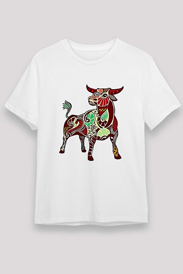 Decorative Patterned Bull Printed T-Shirt