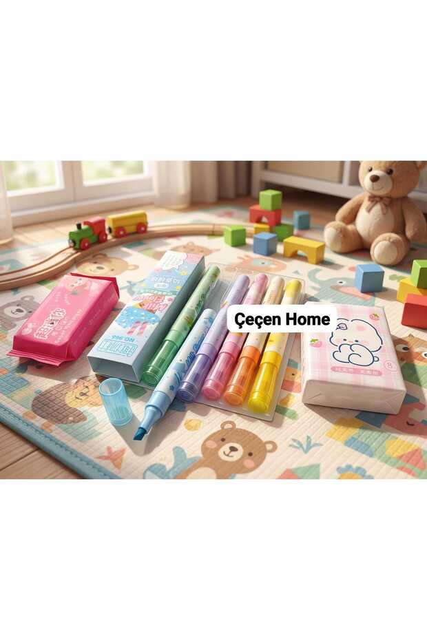 6-Piece Pastel Highlighter Set with Stamps, Cute Patterned Dry Wipes and Mini Wet Wipes as Gift, School, Office, Bullet Journal, Kawaii Stationery, Colorful Marking and Note-Taking Set