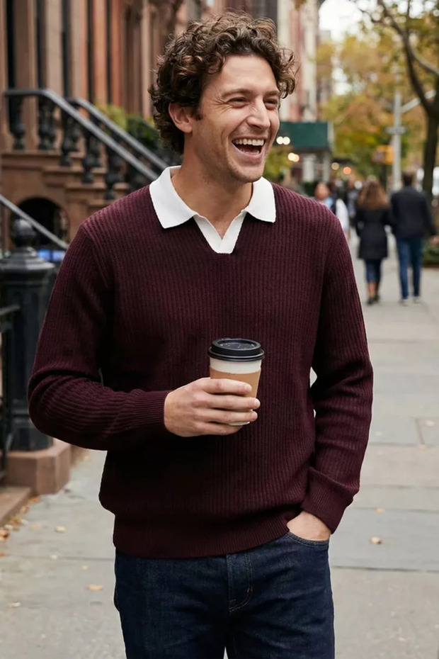 Men's Self-Patterned Polo Collar Knit Sweater