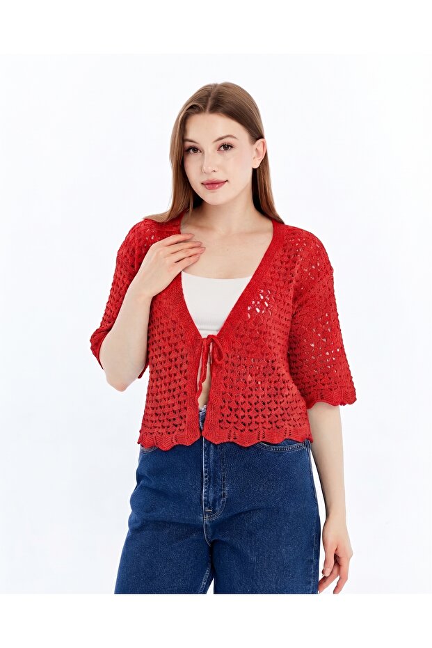 Women's Openwork Rope Tied Red Short Sleeve Cardigan