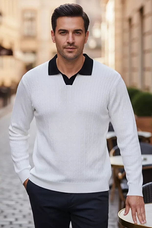 Men's Polo Neck Self-Patterned Knit Sweater