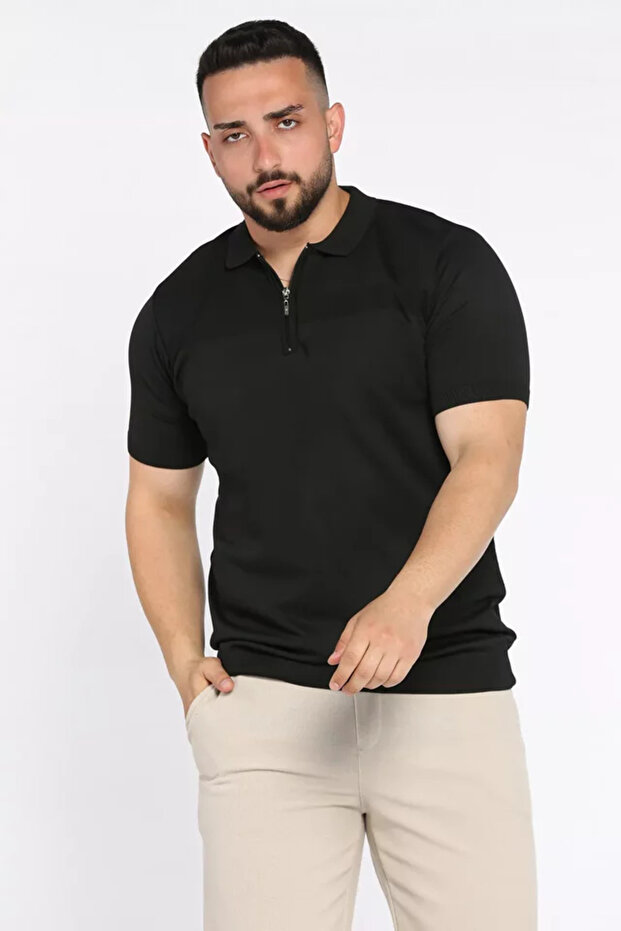 Men's Polo Collar Half Zip Self Patterned T-Shirt