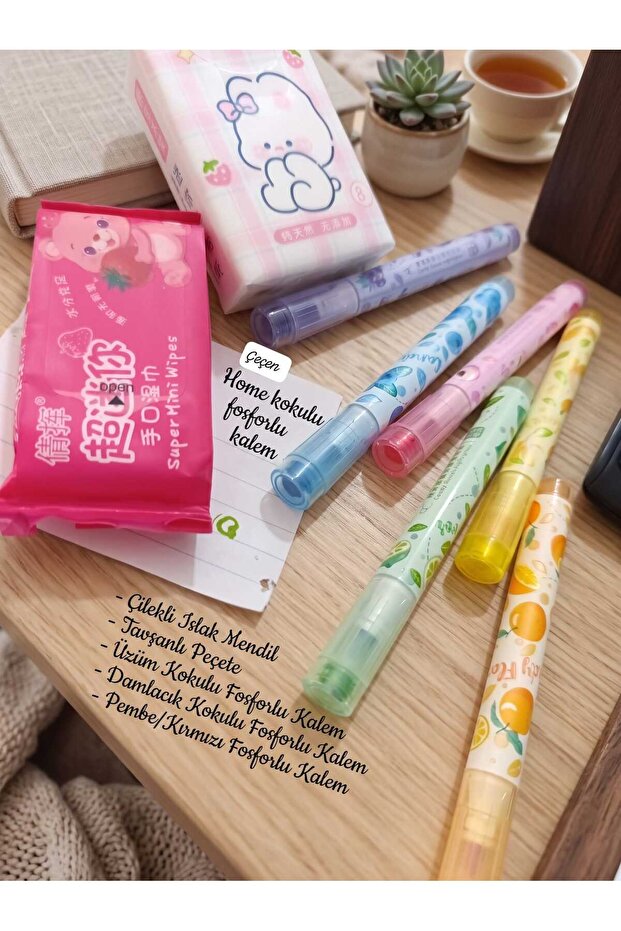Stampable Scented 6-Piece Pastel Highlighter Set, Cute Rabbit Pattern Dry Napkin and Strawberry Mini Wet Wipes Gift, School, Office, Bullet Journal, and Kawaii Stationery Set