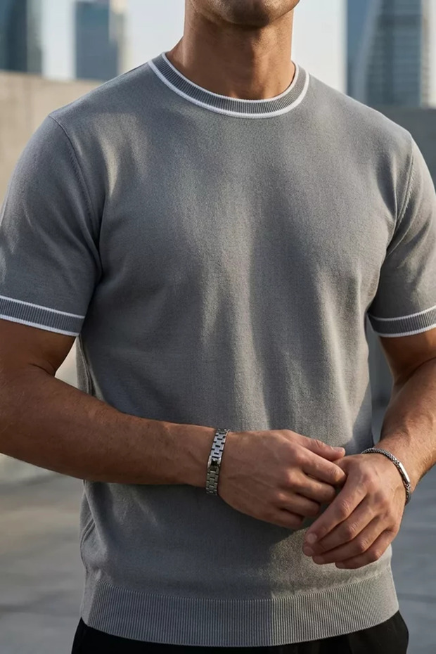Sleeve Collar Striped Knitwear T-Shirt