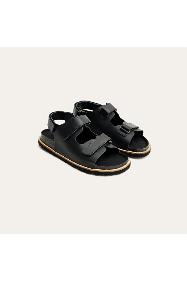 Women's Black Leather Sandals with Adjustable Straps