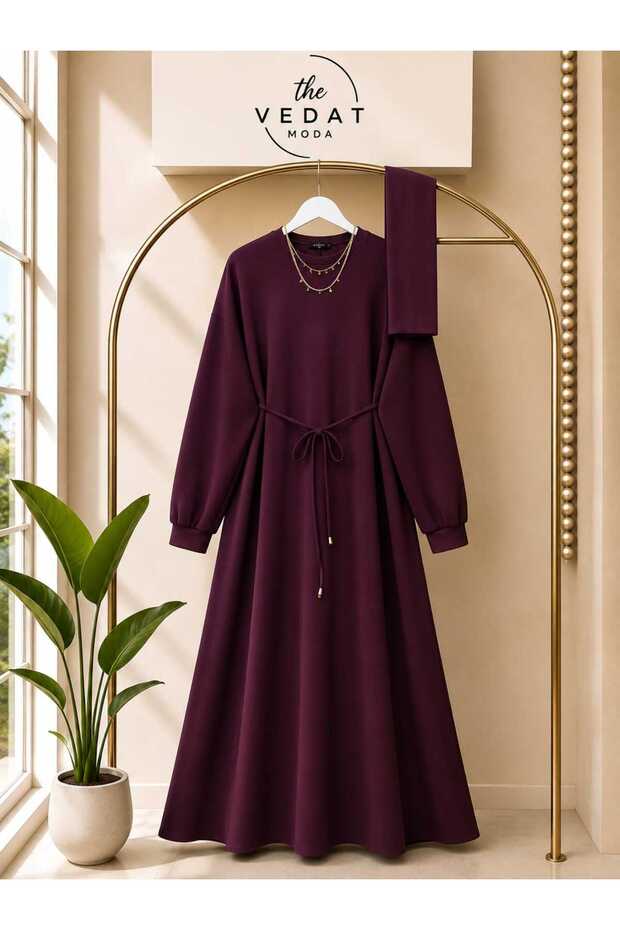 Women's Crew Neck Dress with Waist String Detail -0350