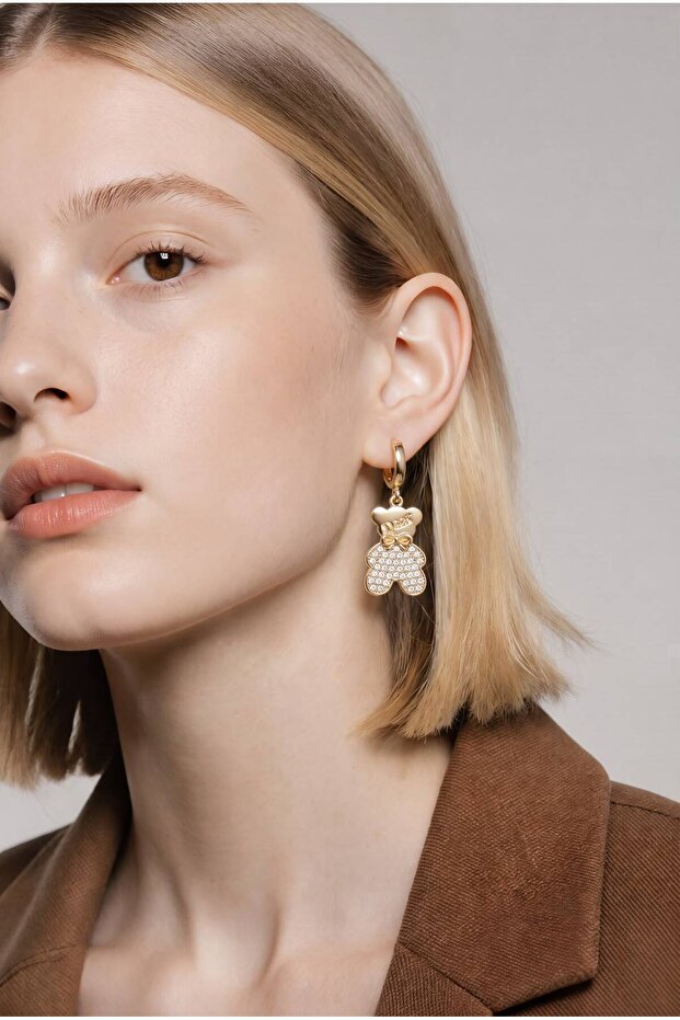 Zircon Stone Teddy Bear Figured Dangle Hoop Earrings - Women's Earrings with Bow Detail