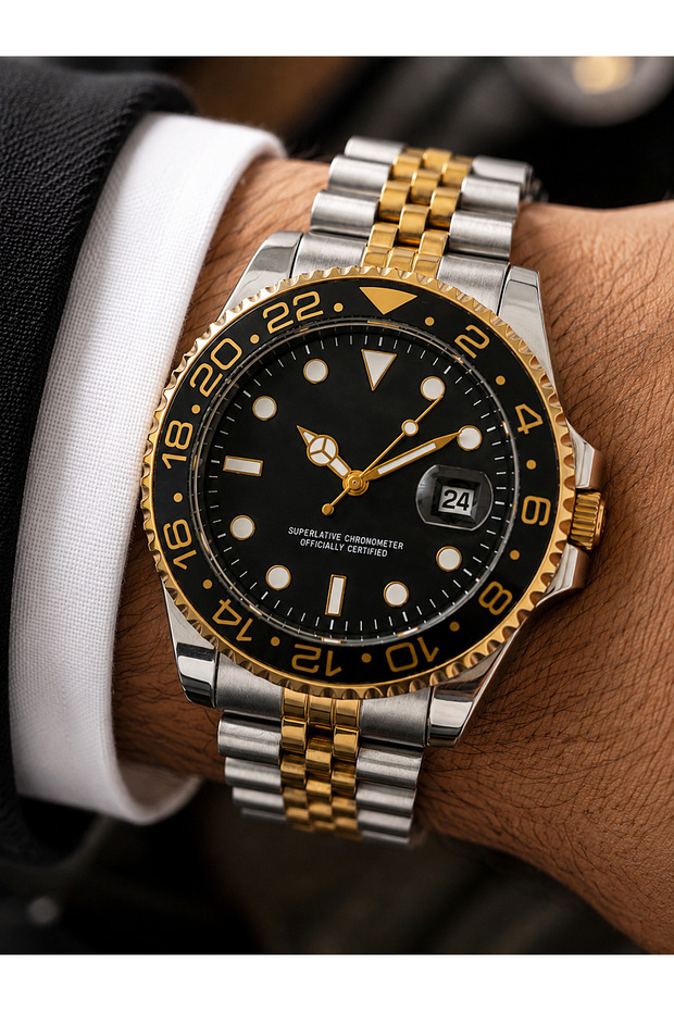 Men's Wristwatch with Calendar Rotating Bezel Gold-Silver Color Casual and Classic Style Gift Boxed