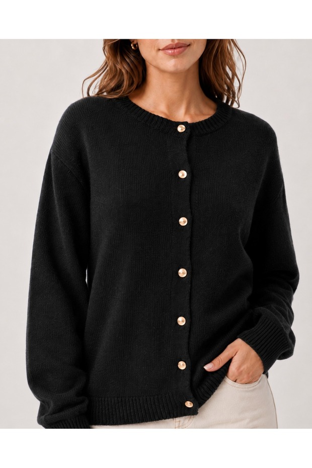 Crew Neck Gold Button Detailed Basic Women's Knitwear Cardigan