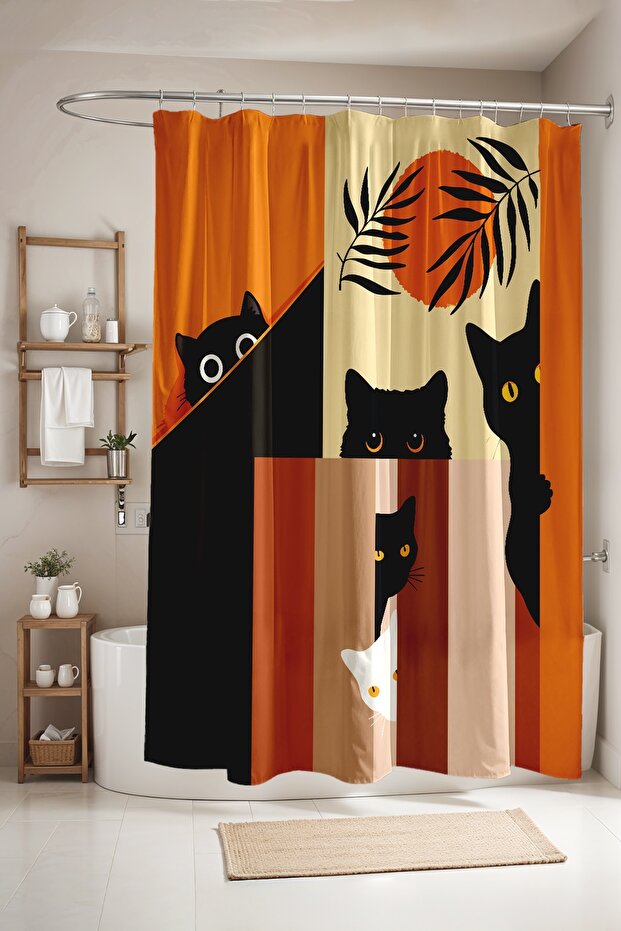 Bathroom Curtain, Hidden Cats Patterned Shower Curtain, Bathtub Curtain 175X200Cm