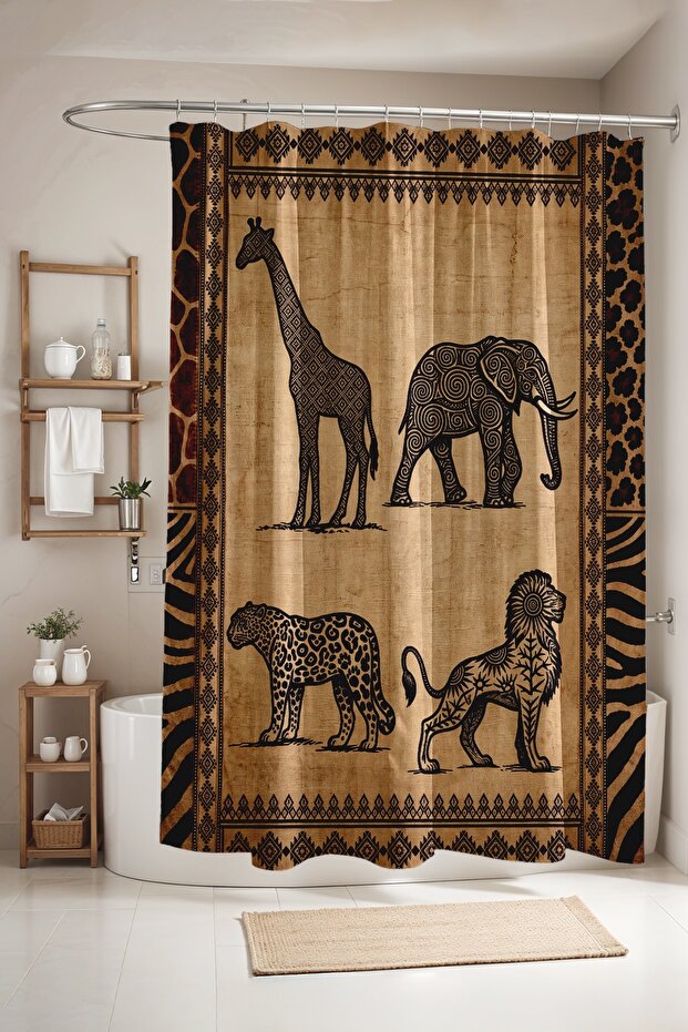 Bathroom Curtain, Drawing African Animals Patterned Shower Curtain, Bathtub Curtain 175X200Cm