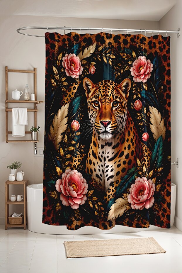 Bathroom Curtain, Roses and Leopard Pattern Shower Curtain, Bathtub Curtain 175X200Cm