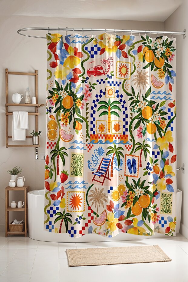 Bathroom Curtain, Fruit Garden and Holiday Pattern Shower Curtain, Bathtub Curtain 175X200Cm