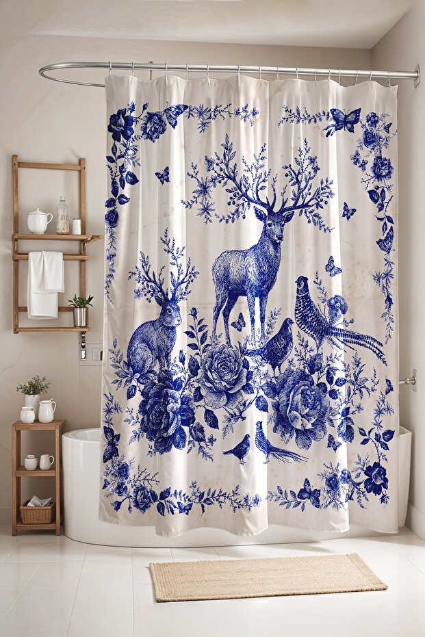 Bathroom Curtain, Blue Flowers and Animals Patterned Shower Curtain, Bathtub Curtain 175X200Cm