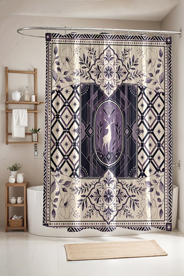 Bathroom Curtain, Purple Deer and Flower Patterned Shower Curtain, Bathtub Curtain 175X200Cm