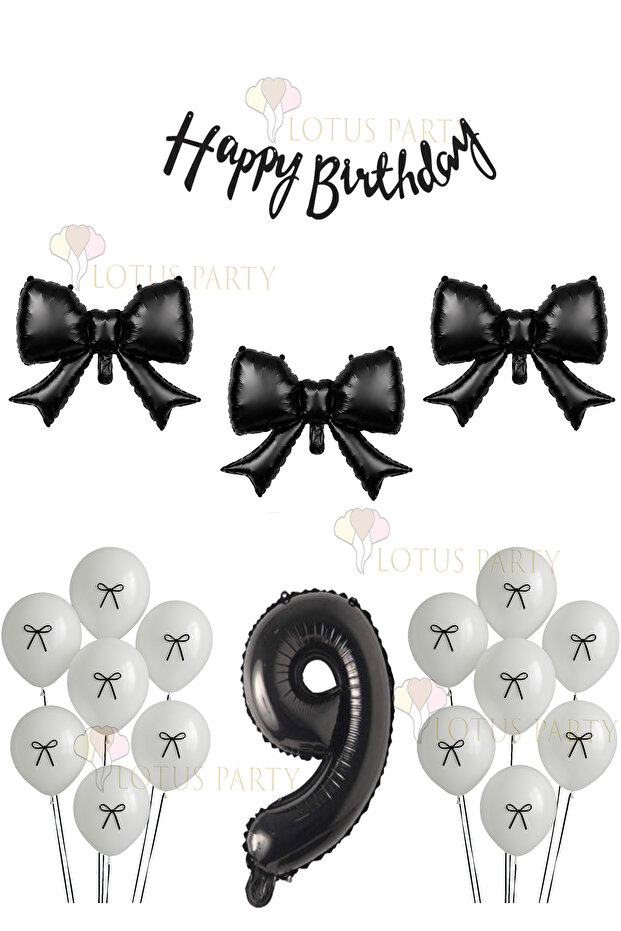 Black Bow Balloon - Black Banner - Black Number - White Balloon - Balloon with Ribbon Age