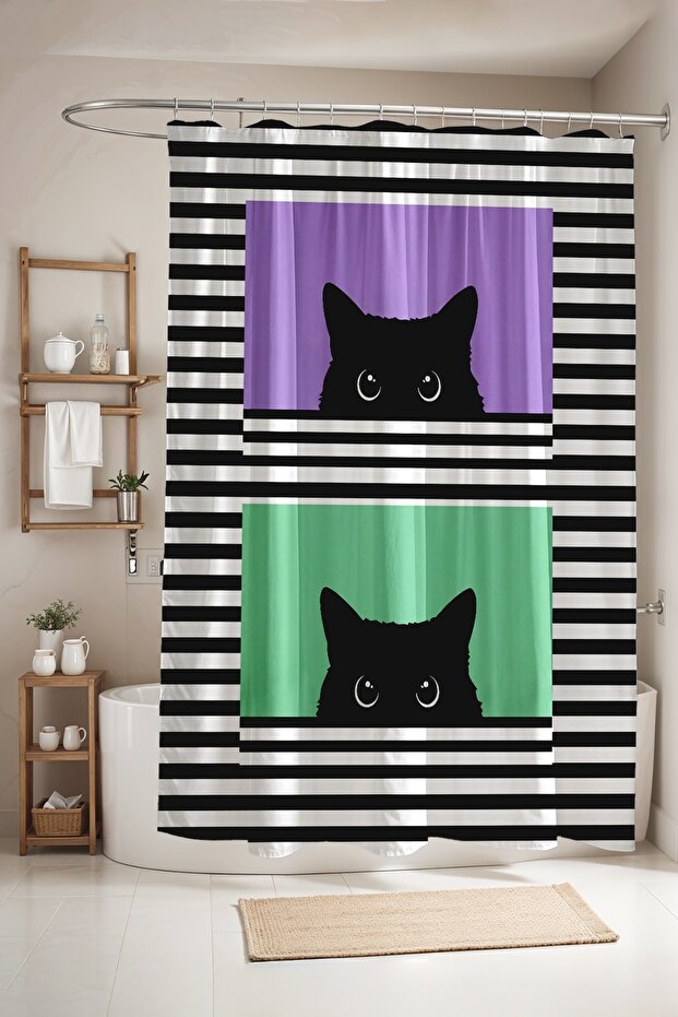 Bathroom Curtain, Hidden Black Striped Cat Pattern Shower Curtain, Bathtub Curtain 175X200Cm