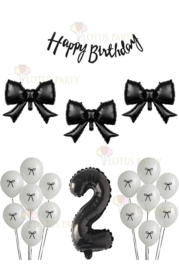 Black Bow Balloon - Black Banner - Black Number - White Balloon - Balloon with Ribbon Age