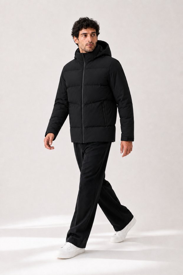 Men's Black, Nova Fabric, Form-Stitched, Removable Hood, Water and Wind Resistant, Inflatable Winter Coat