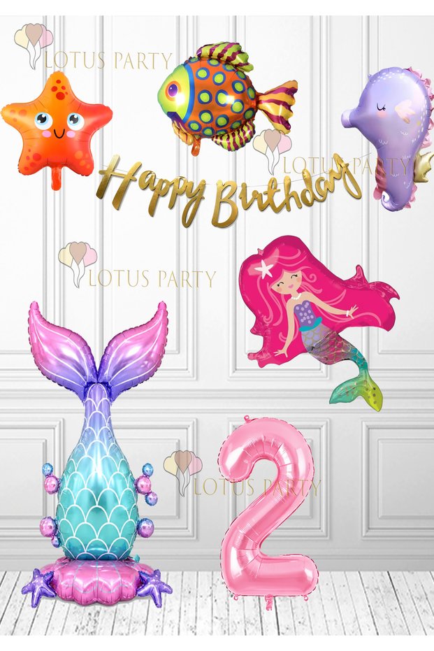 Mermaid Set Purple Sea Horse - Colorful Fish - Mermaid - Mermaid Tail Balloon Number Balloon Banner 1 Year Old