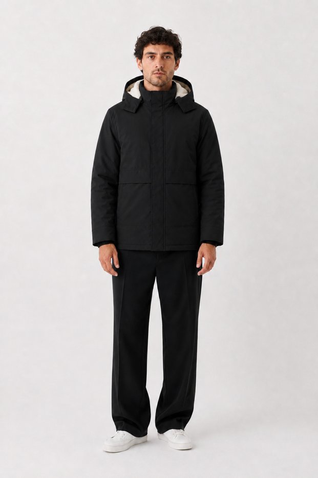 Men's Black, Removable Fur Hooded, Water and Wind-Resistant Oxford Fabric Winter Coat