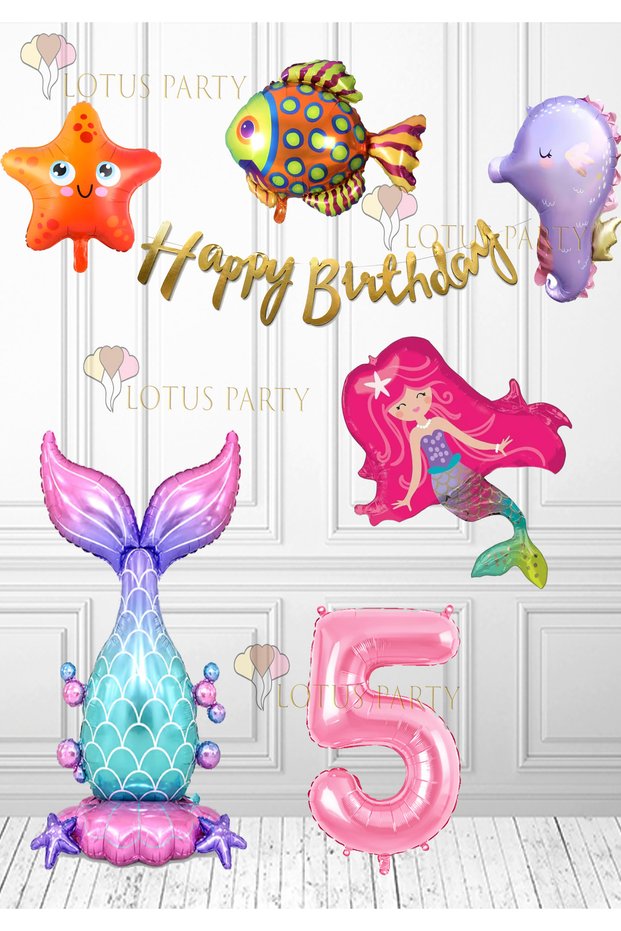 Mermaid Set Purple Sea Horse - Colorful Fish - Mermaid - Mermaid Tail Balloon Number Balloon Banner 1 Year Old