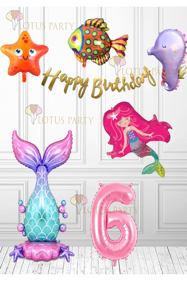 Mermaid Set Purple Sea Horse - Colorful Fish - Mermaid - Mermaid Tail Balloon Number Balloon Banner 1 Year Old