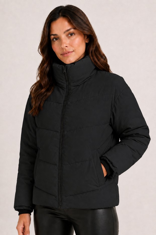 Women's Black, High-Collar Short Puffer Coat – Padded, Zippered, Water-Resistant