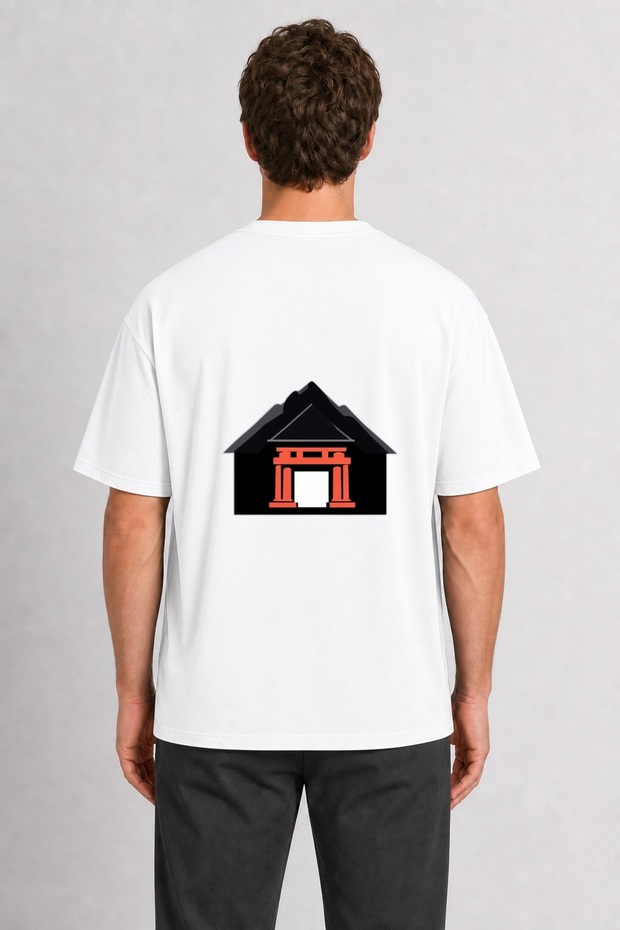 Men's Modern Japanese Style Mountain and Gate Image Back Print - White