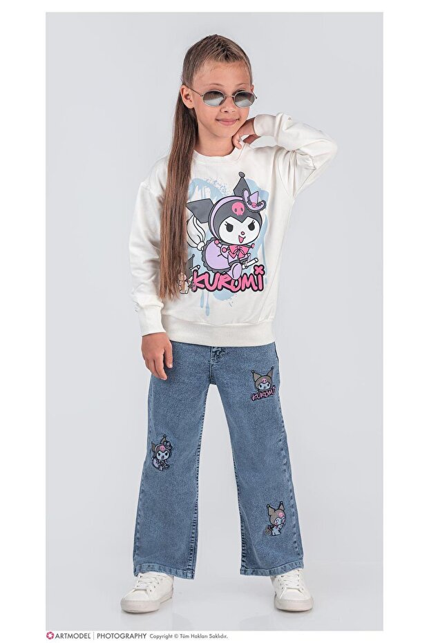 Girl's Character Patterned Sweatshirt - Jean Pants 2-Piece Set - 2039