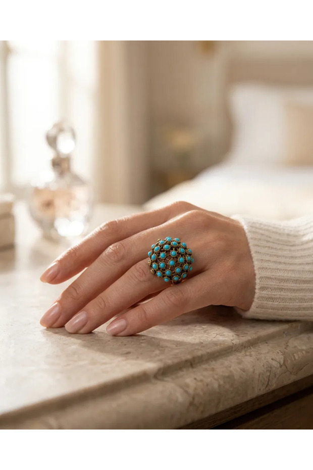 Bronze Women's Ring Authentic Copper Jewelry Mini Turquoise Worked Topaz Model Adjustable Vintage