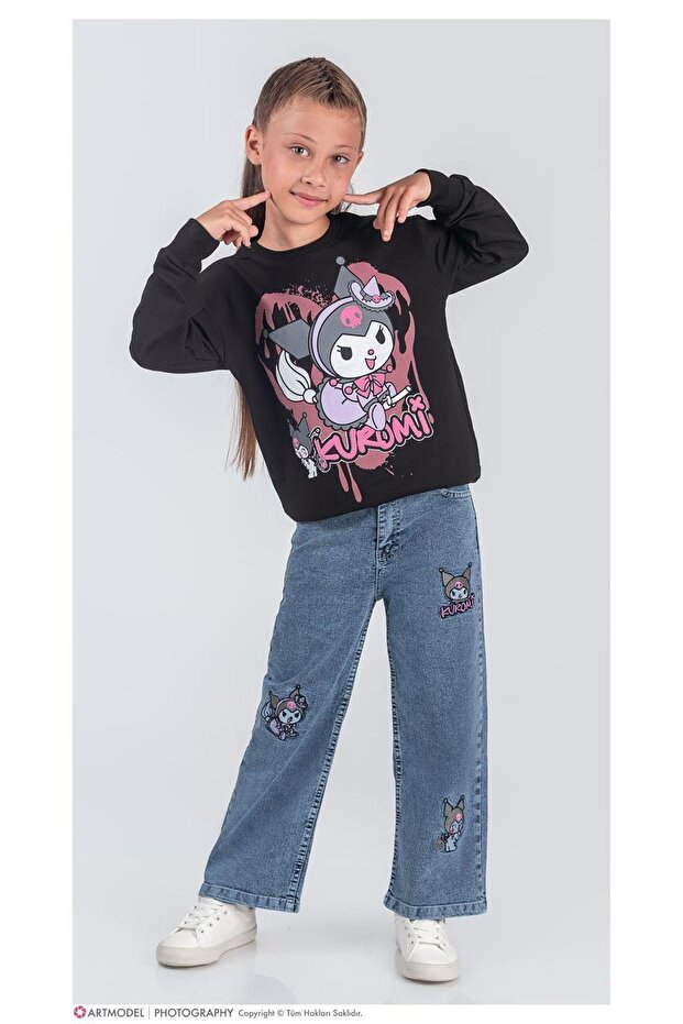 Girl's Character Patterned Sweatshirt - Jean Pants 2-Piece Set - 2039