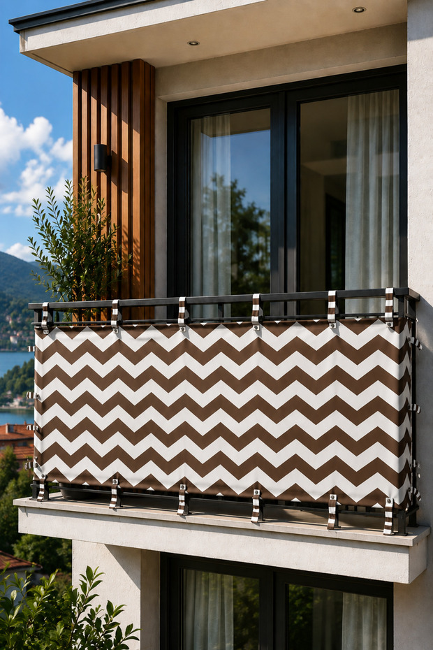 Brown-White Zigzag Patterned 4-Sided Lace-Up Balcony Iron Curtain – Durable Balcony Railing Cover for Privacy