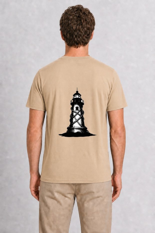 Men's Lisbon Lighthouse Illustration Back Print - Cream