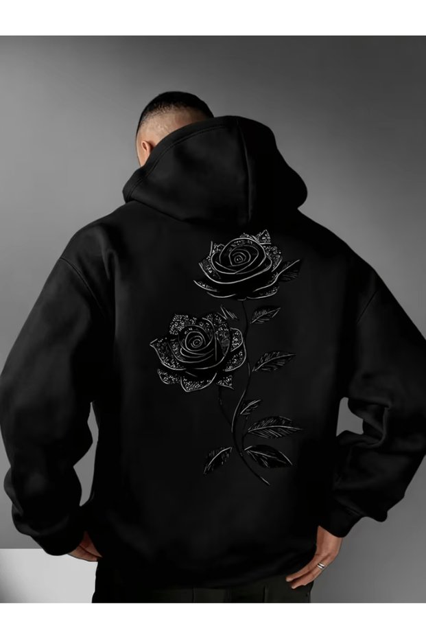 Black Rose Printed Premium Oversize 3 Thread Soft Hooded Sweatshirt Hoodie