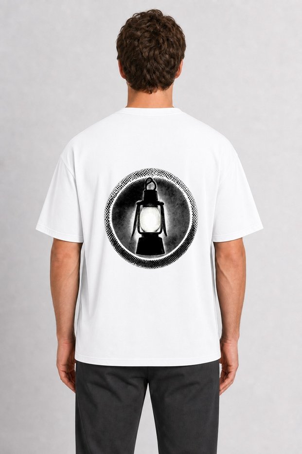 Men's Halftone Effect Night Lantern Print with Back Print - White