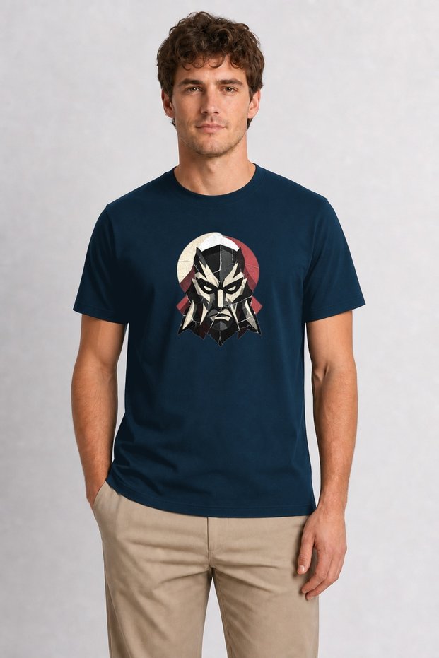 Men's Minimalist Japanese Warrior Graphic Printed Design - Navy Blue