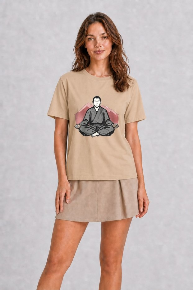 Women's Minimalist Ronin and Zen Design T-Shirt Print - Cream