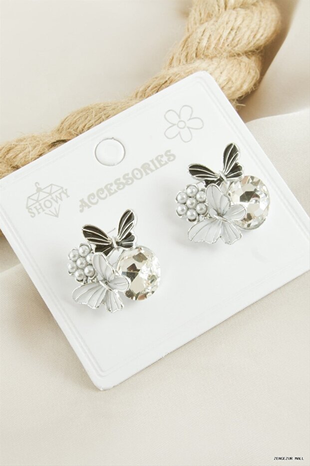 Zngzrmll Stone Pearl Enamel Earrings (05233) Silver Color