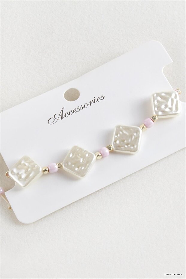 Zngzrmll Baklava Beads Pearl Macrame Rope Bracelet (13737) Pink