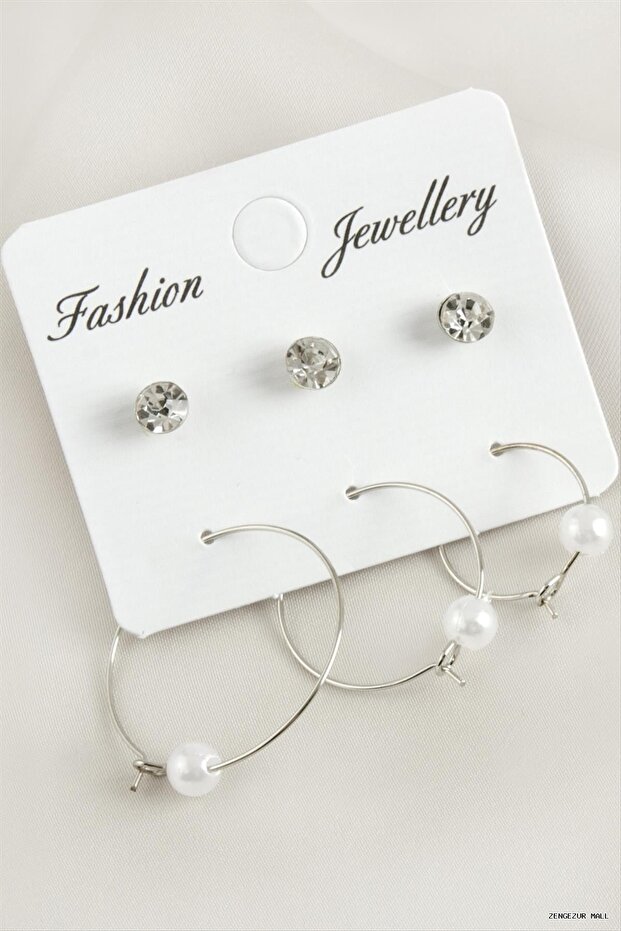 Zngzrmll 6Pcs Pearl Stone Hoop Earrings 2.5cm (33824) Silver Color