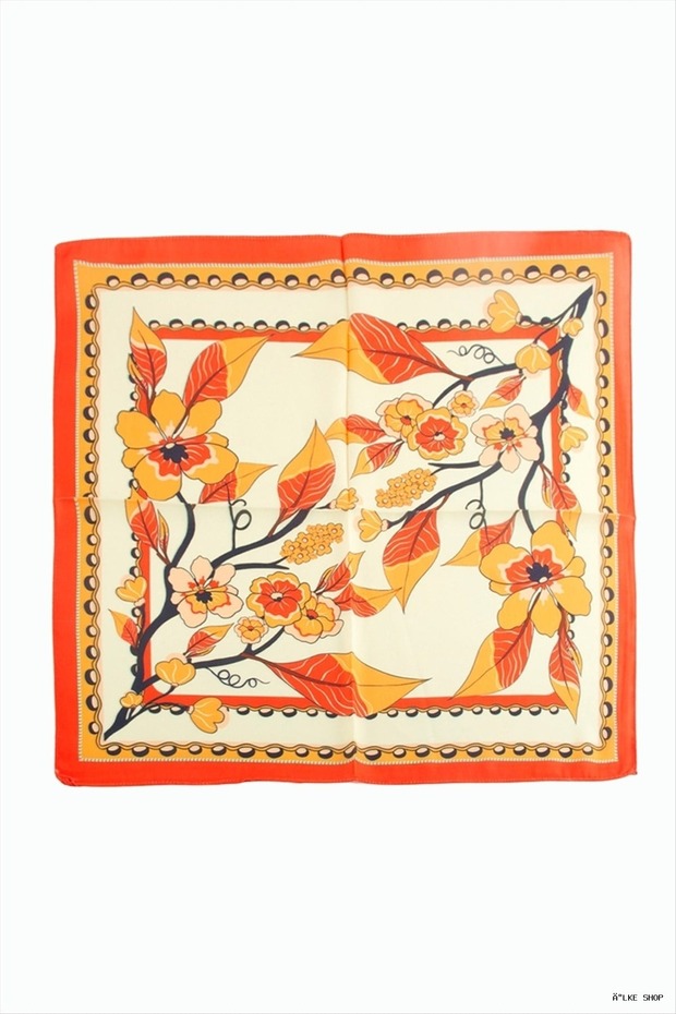 Ilkestor Leaf Flower Patterned Zr Chiffon Scarf 50X50 (63917) cm Orange