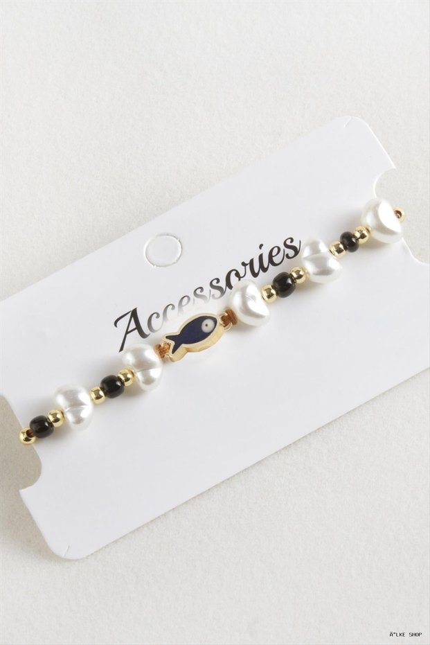 Ilkestor Fish Pearl Beads Macrame Cord (31302) Bracelet Black